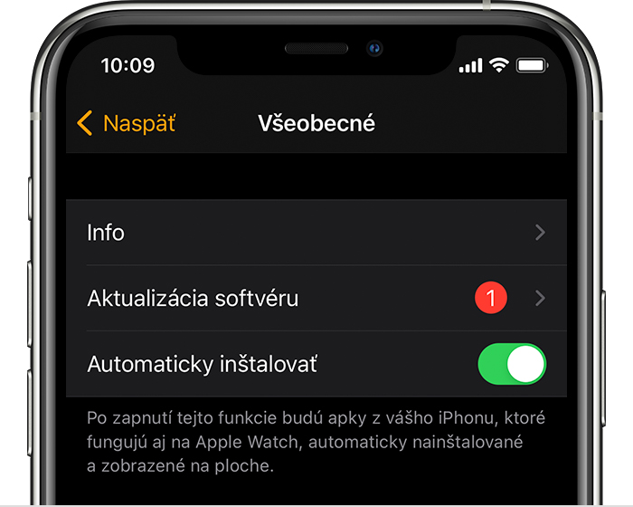 Obrazovka iPhonu s dostupnou aktualizáciou softvéru pre hodinky Apple Watch