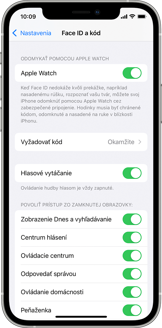 Snímka obrazovky systému iOS s možnosťami nastavenia Face ID a kód.