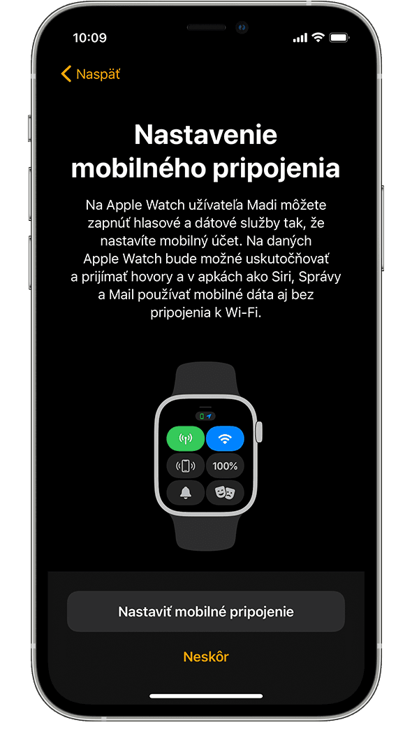 Obrazovka Nastavenie mobilného pripojenia počas nastavovania hodiniek Apple Watch na iPhone.