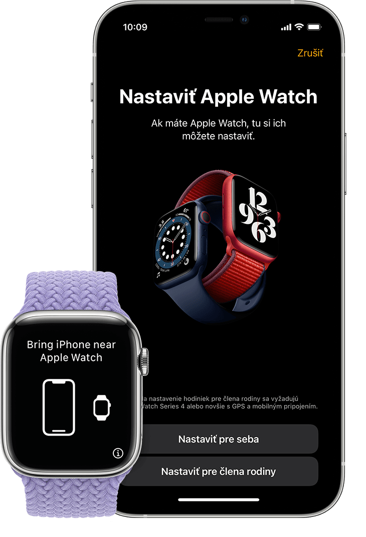 Obrazovka počiatočného nastavenia na spárovanie nových hodiniek na iPhone a hodinkách Apple Watch.