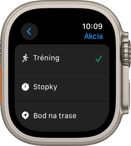 Obrazovka Akcia s rôznymi nastaveniami na hodinkách Apple Watch Ultra