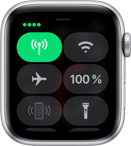 Ovládacie centrum na hodinkách Apple Watch so štyrmi zelenými bodkami.