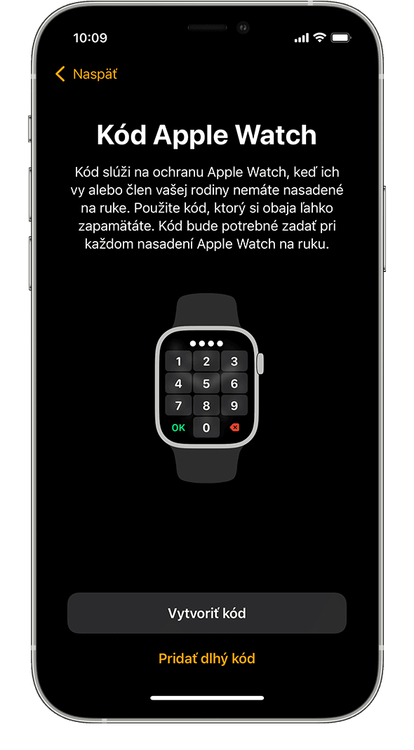 iPhone so zobrazenou obrazovkou nastavenia kódu pre hodinky Apple Watch