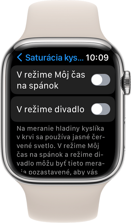 Snímka obrazovky s nastaveniami apky Saturácia kyslíkom na hodinkách Apple Watch Series 7