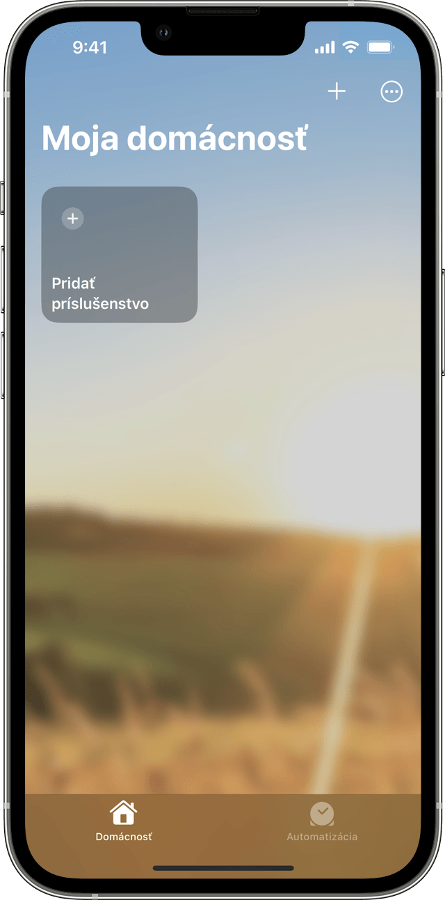 Obrazovka apky Domácnosť v systéme iOS so zobrazenou dlaždicou Pridať príslušenstvo