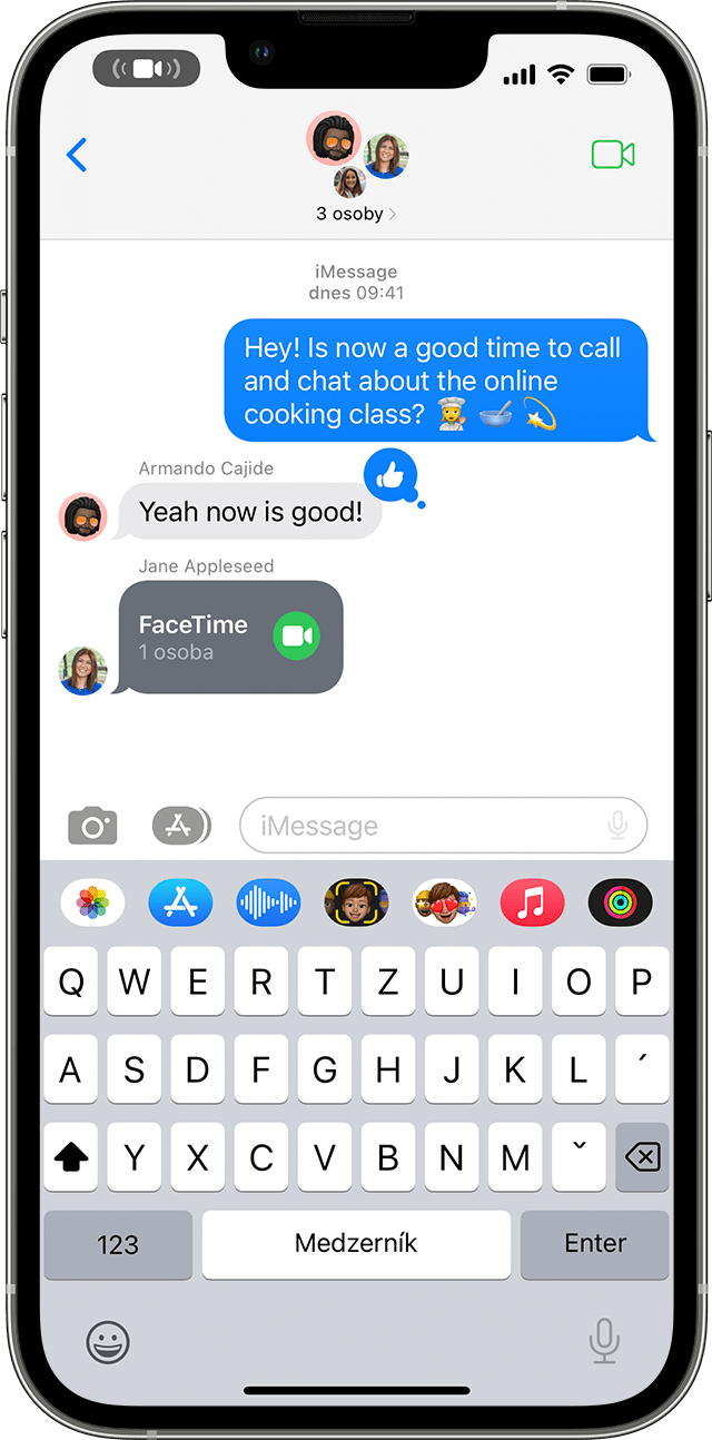 iPhone so zobrazením pripojenia k hovoru FaceTime zo skupinovej správy