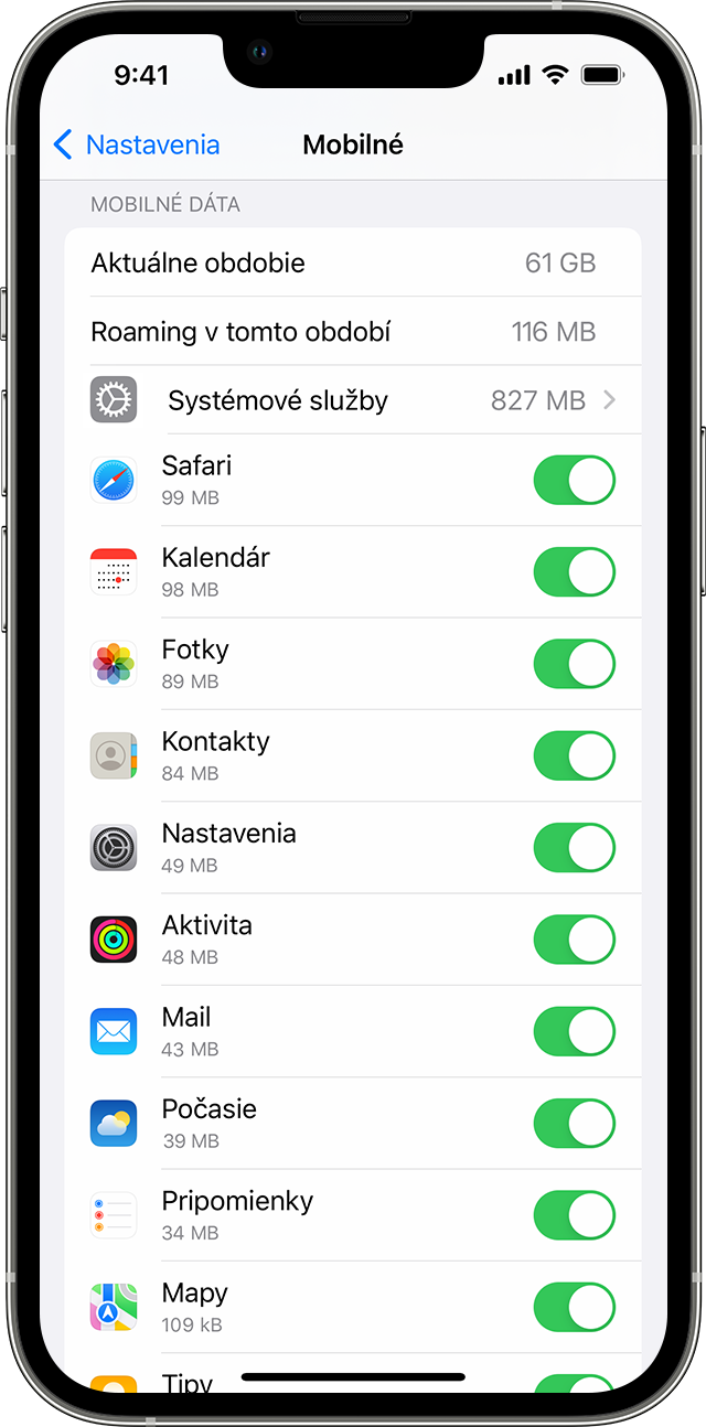 Obrazovka iPhonu so zobrazením využitia mobilných dát