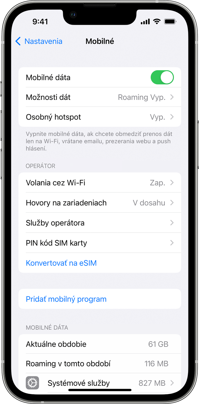 Obrazovka iPhonu s nastaveniami mobilných dát