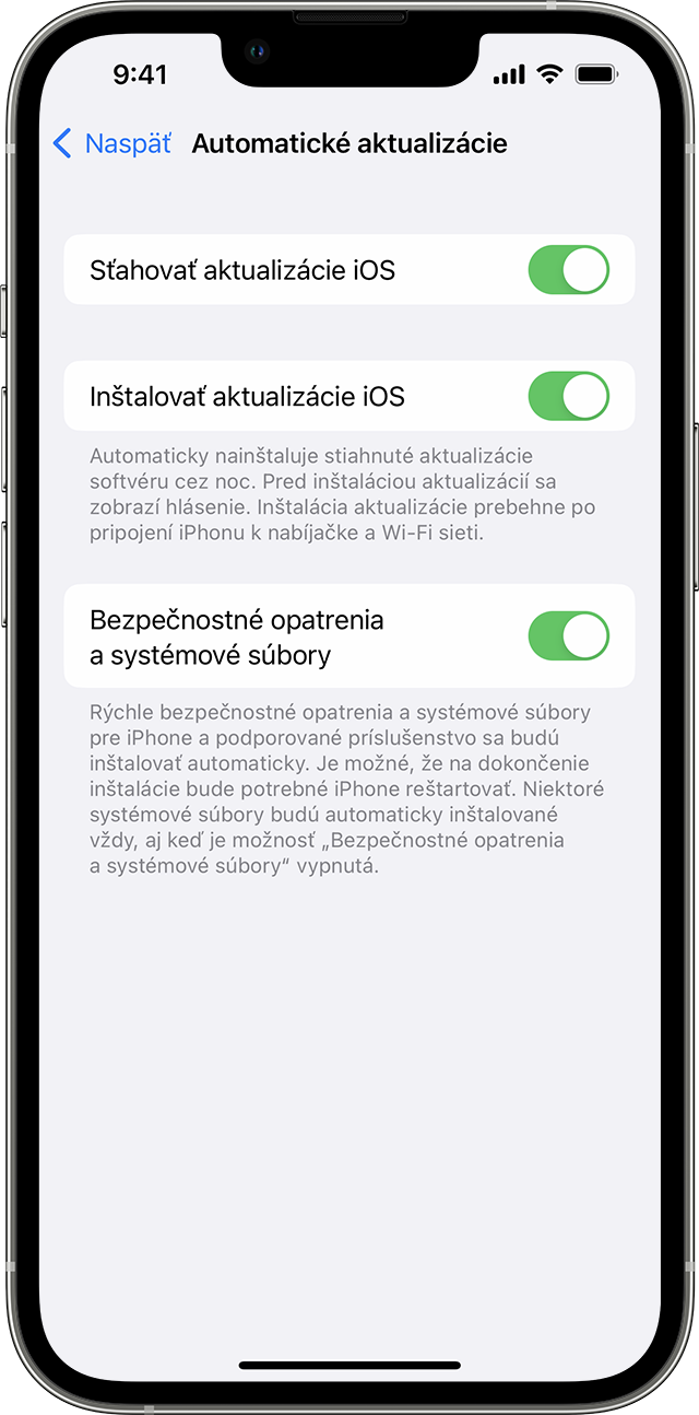 Apka Nastavenia na iPhone s možnosťami automatickej aktualizácie zariadenia.