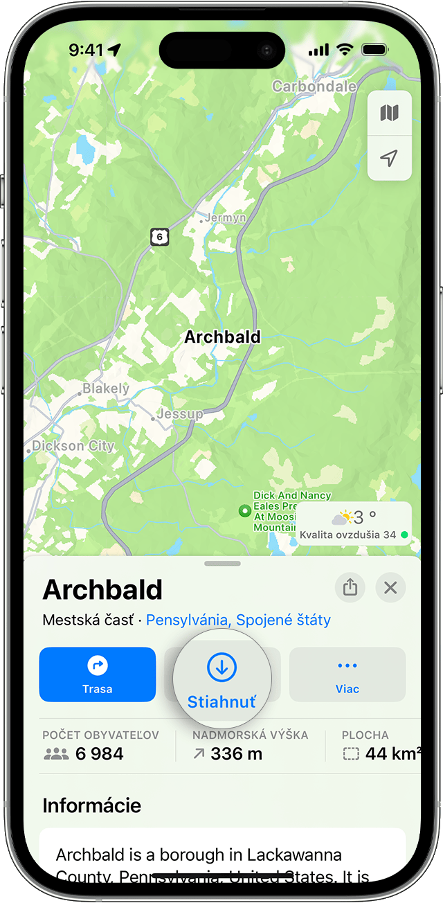 Keď vyhľadáte mesto, ako je Archbald v Pensylvánii, klepnite na tlačidlo Stiahnuť. Predtým môže byť potrebné klepnúť na tlačidlo Viac. 