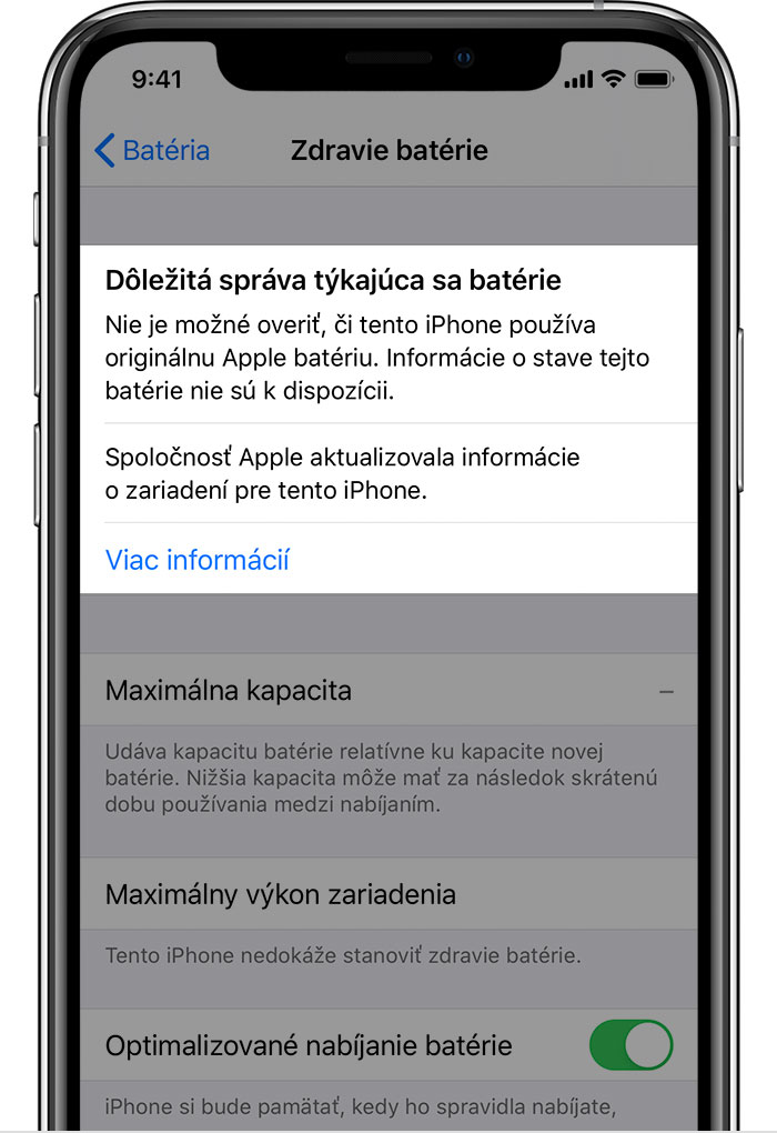 Obrázok zobrazujúci správu, že nie je možné overiť, či iPhone používa originálnu Apple batériu