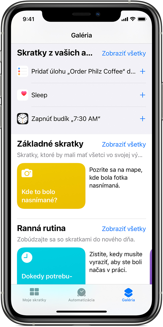 Na tabe Galéria v systéme iOS sa zobrazuje zoznam skratiek z vašich apiek.