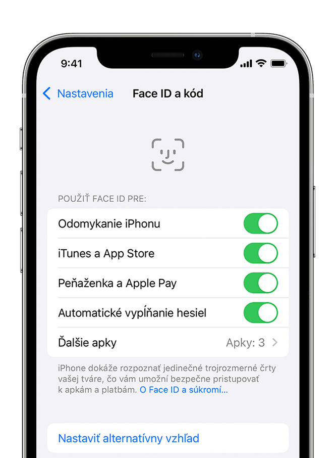 iPhone so zobrazenou obrazovkou v menu Nastavenia > Face ID a kód.