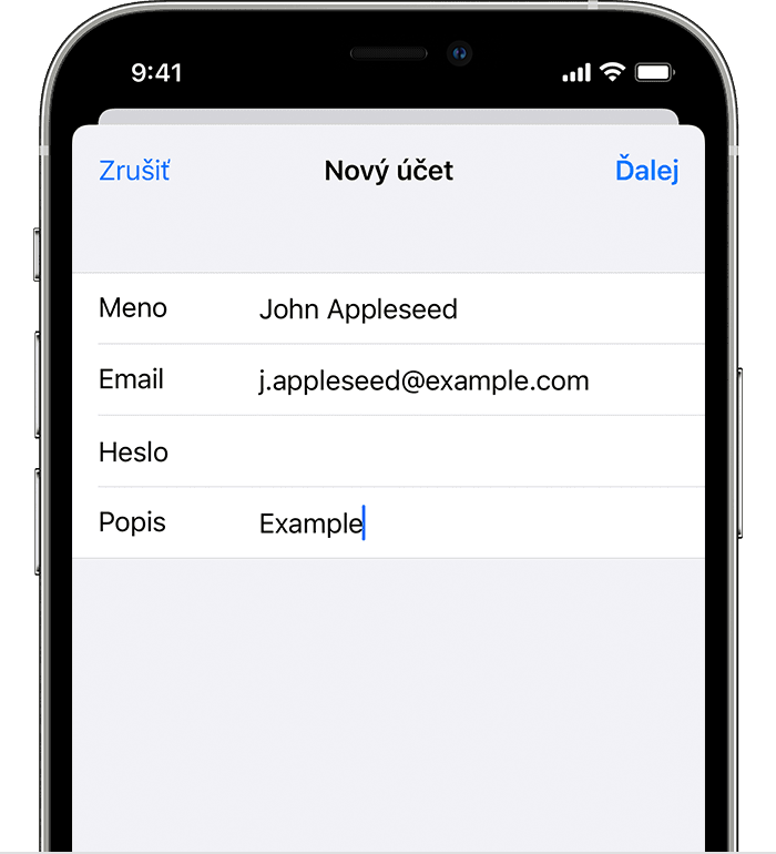 Obrazovka iPhonu so zobrazením manuálneho nastavenia e-mailového účtu