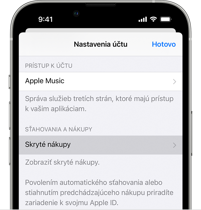 iPhone so zobrazenou položkou menu Skryté nákupy.