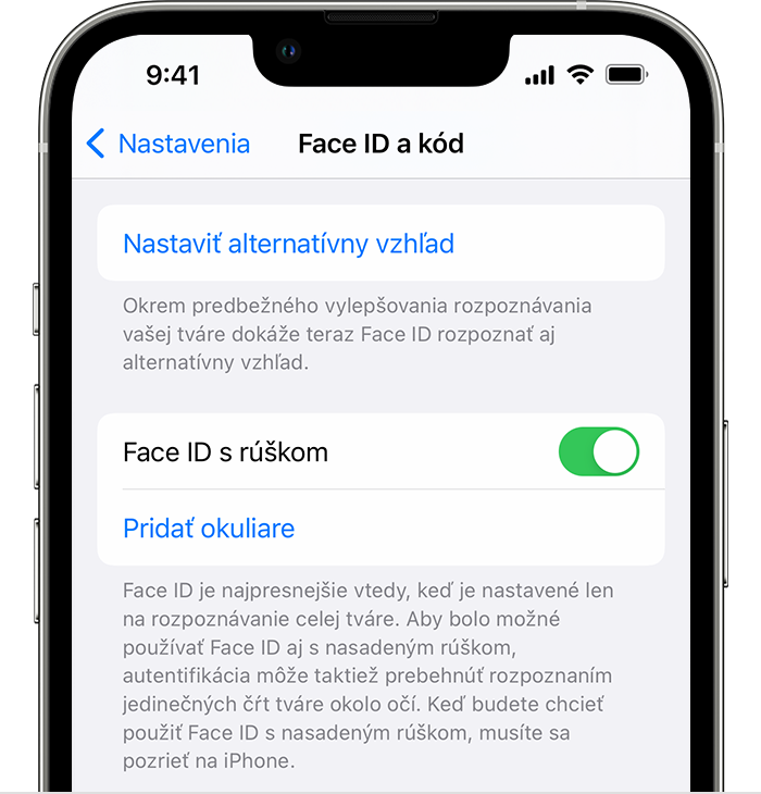 Používanie Face ID s nasadeným rúškom na iPhone 12 alebo novšom - Apple  Support (SK)