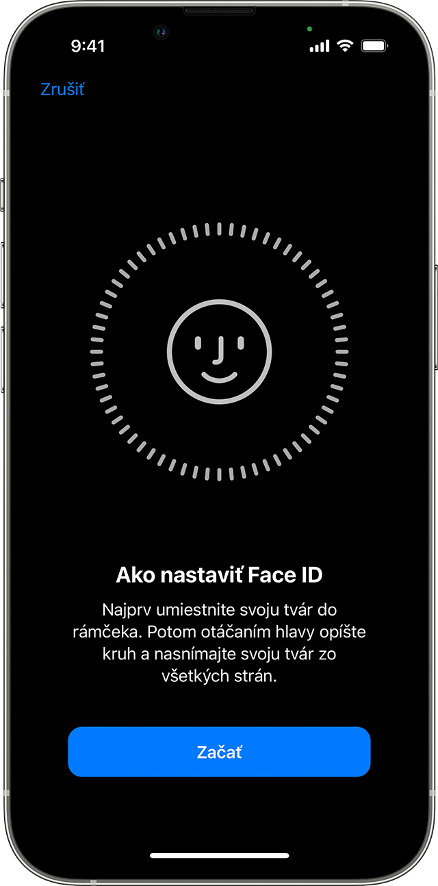 Začiatok procesu nastavenia Face ID 