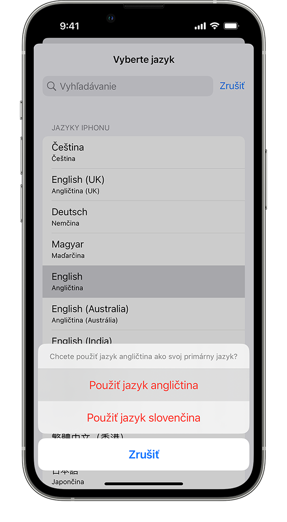iPhone s upozornením s textom „Chcete použiť jazyk francúzština ako svoj primárny jazyk?“ Zobrazené sú možnosti Použiť francúzštinu, Použiť angličtinu (USA) a Zrušiť.