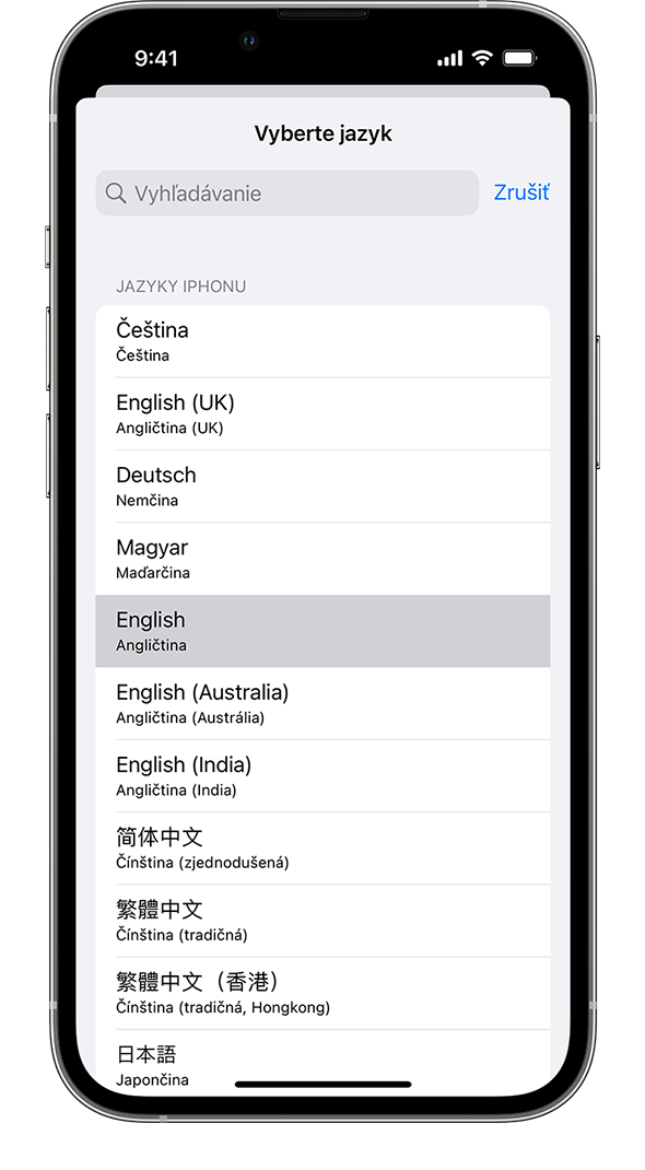 iPhone so zoznamom systémových jazykov k dispozícii, v ktorom je zvýraznená francúzština.