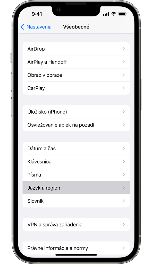 iPhone so zobrazeným menu nastavení Všeobecné so zvýraznenou možnosťou Jazyk a región.