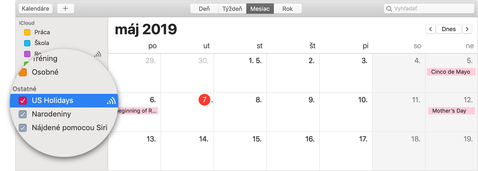 Kalendár iCloud s vybratým odoberaným kalendárom