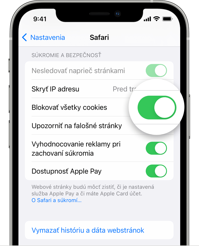 Nastavenia prehliadača Safari na iPhone so zapnutou možnosťou Blokovať všetky cookies