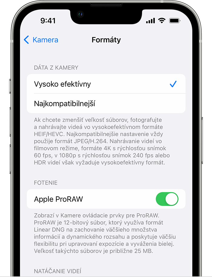 Zapnutie snímania obrázkov vo formáte Apple ProRAW na iPhone v menu Nastavenia > Kamera > Formáty.