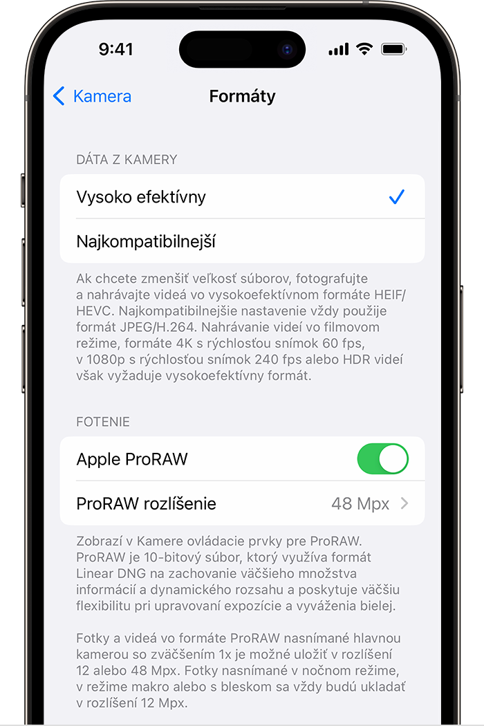 Na modeloch iPhonu 14 Pro máte v Nastaveniach k dispozícii dve možnosti rozlíšenia pre formát ProRAW.