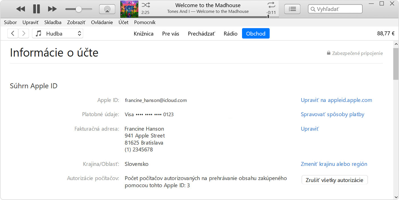 iTunes so zobrazenou stránkou Informácie o účte
