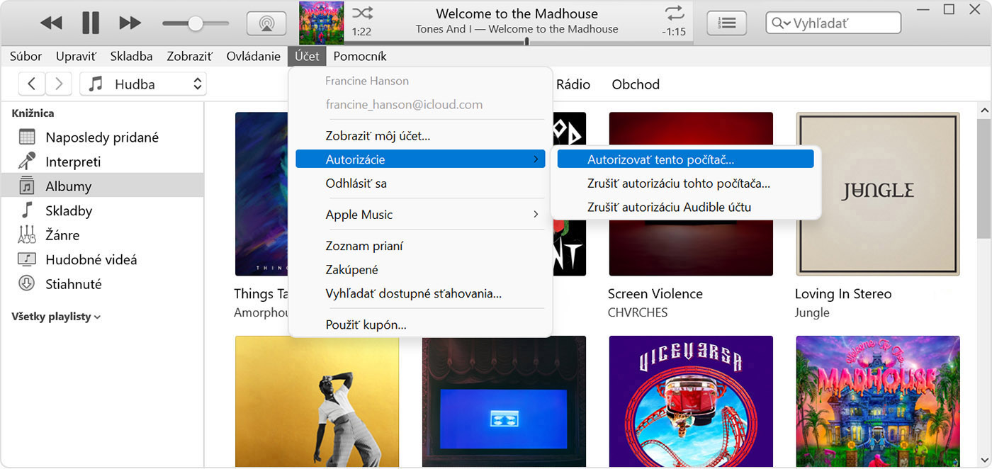iTunes so zobrazeným menu Účet a položkami Autorizácie a Autorizovať tento počítač. 