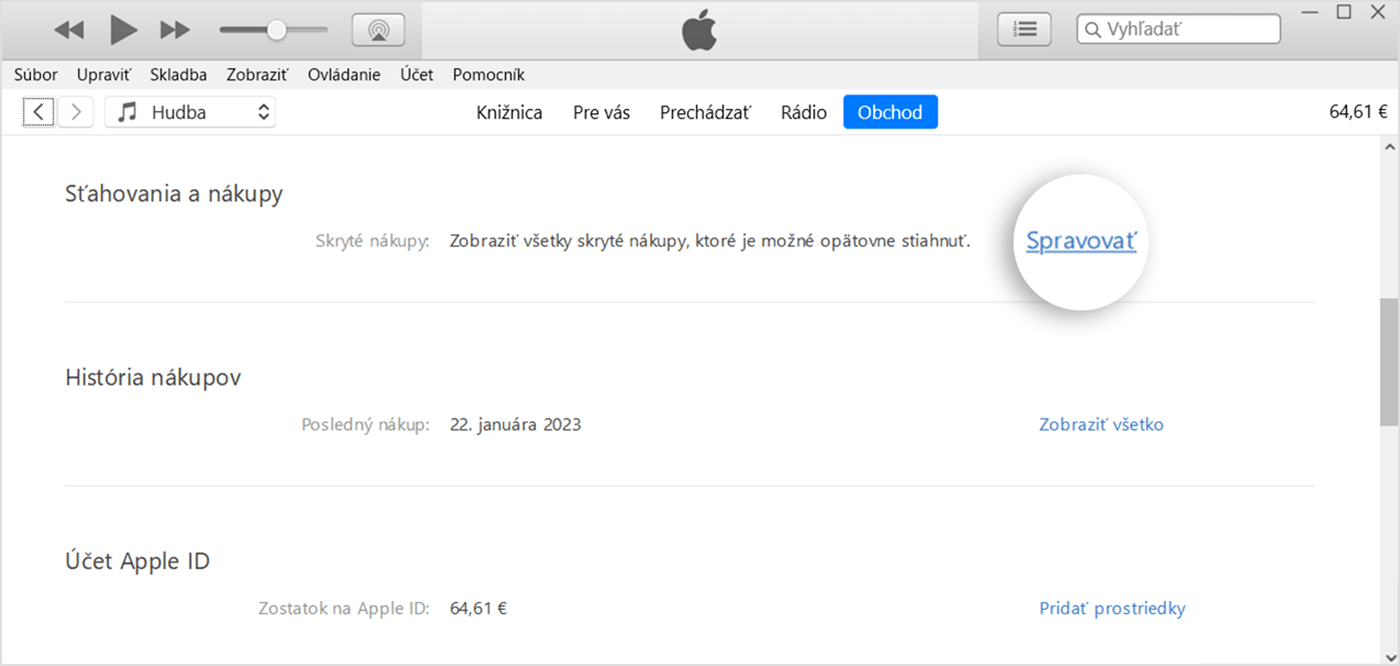 Kde nájsť položku Spravovať v časti Sťahovaný obsah a nákupy v iTunes na PC