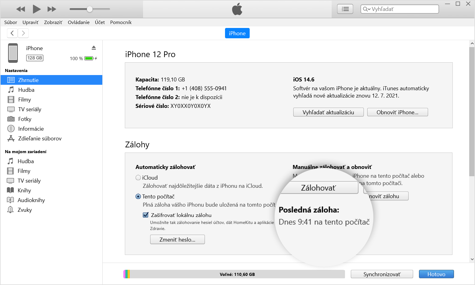 Okno iTunes so zobrazeným tabom Zhrnutie, kde je zväčšený dátum a čas poslednej zálohy pod tlačidlom Zálohovať teraz.
