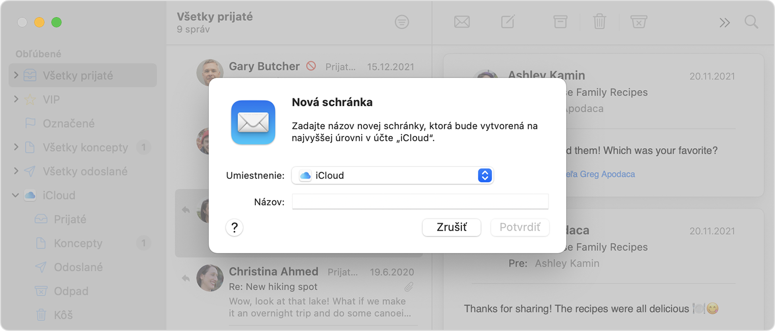Možnosti v okne Nová schránka v apke Mail v systéme macOS