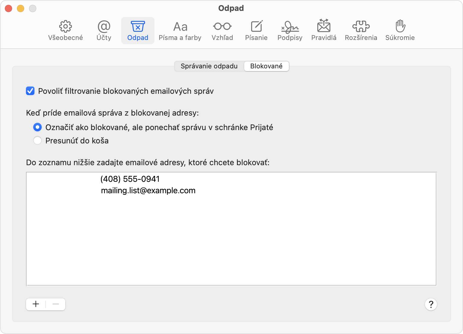 Nastavenia apky Mail v systéme macOS – Odpad
