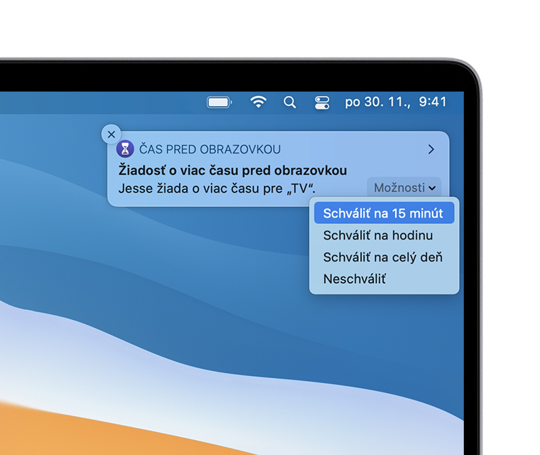 Oznámenie o požiadavke funkcie Čas pred obrazovkou na ploche systému macOS