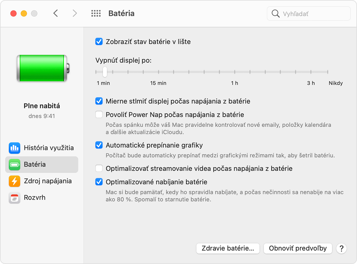 Okno Nastavenia batérie v systéme macOS s vybratou možnosťou Automatické prepínanie grafiky