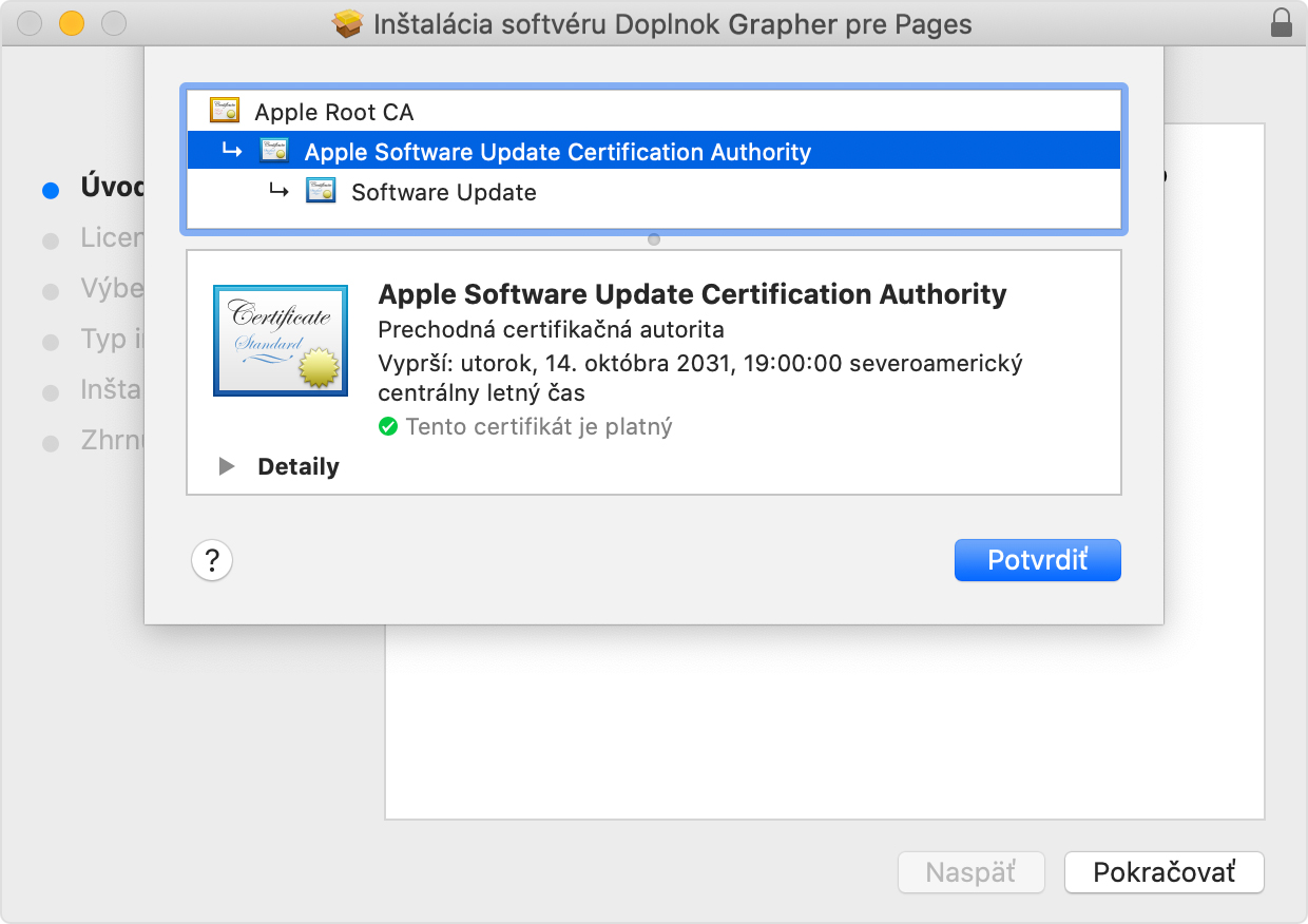 Okno inštalátora s vybranou položkou Apple Software Update Certificate Authority