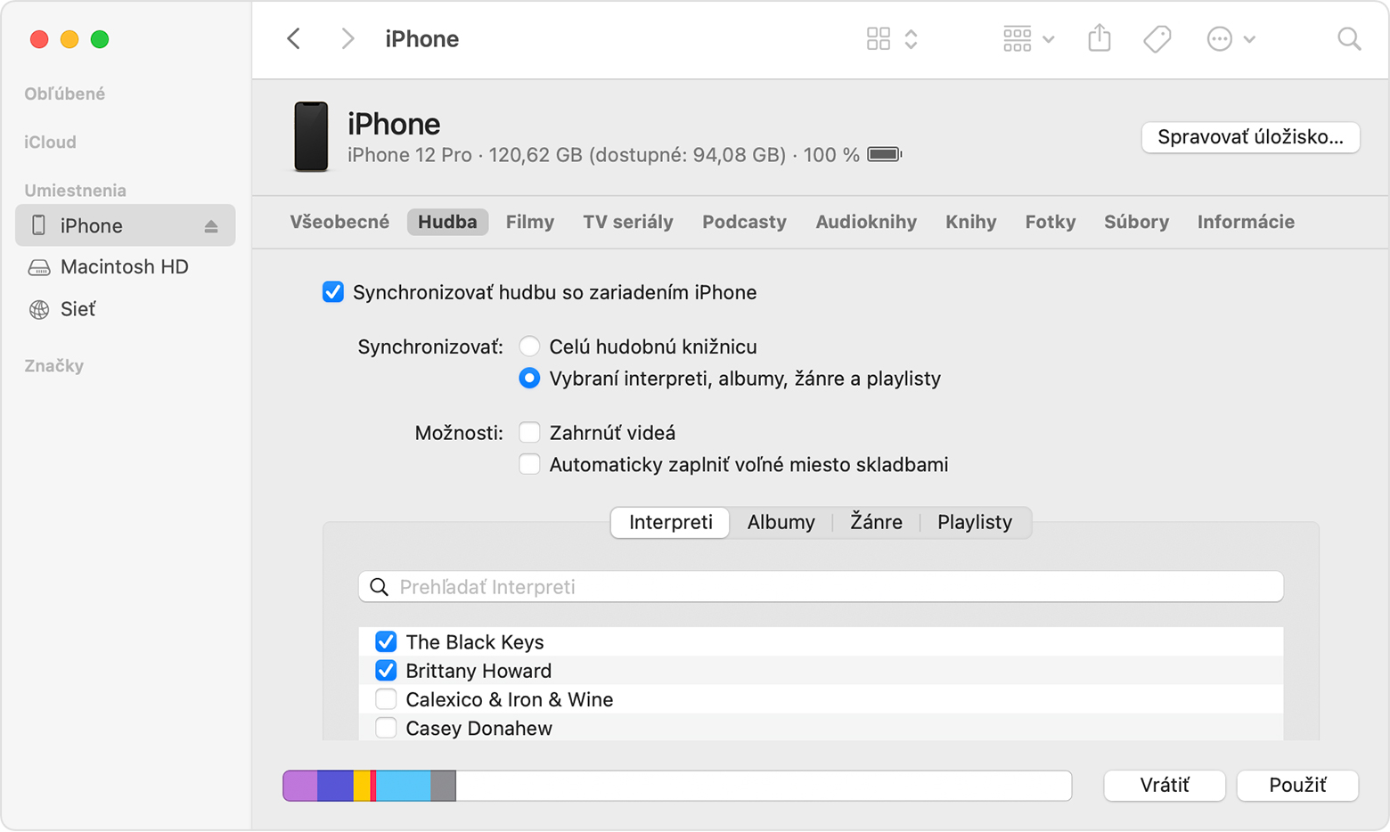 Okno Findera so zobrazenými možnosťami synchronizácie hudby s pripojeným iPhonom