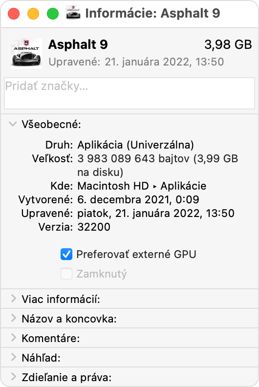 Okno s informáciami o apke pre Mac s vybratou možnosťou Preferovať externé GPU