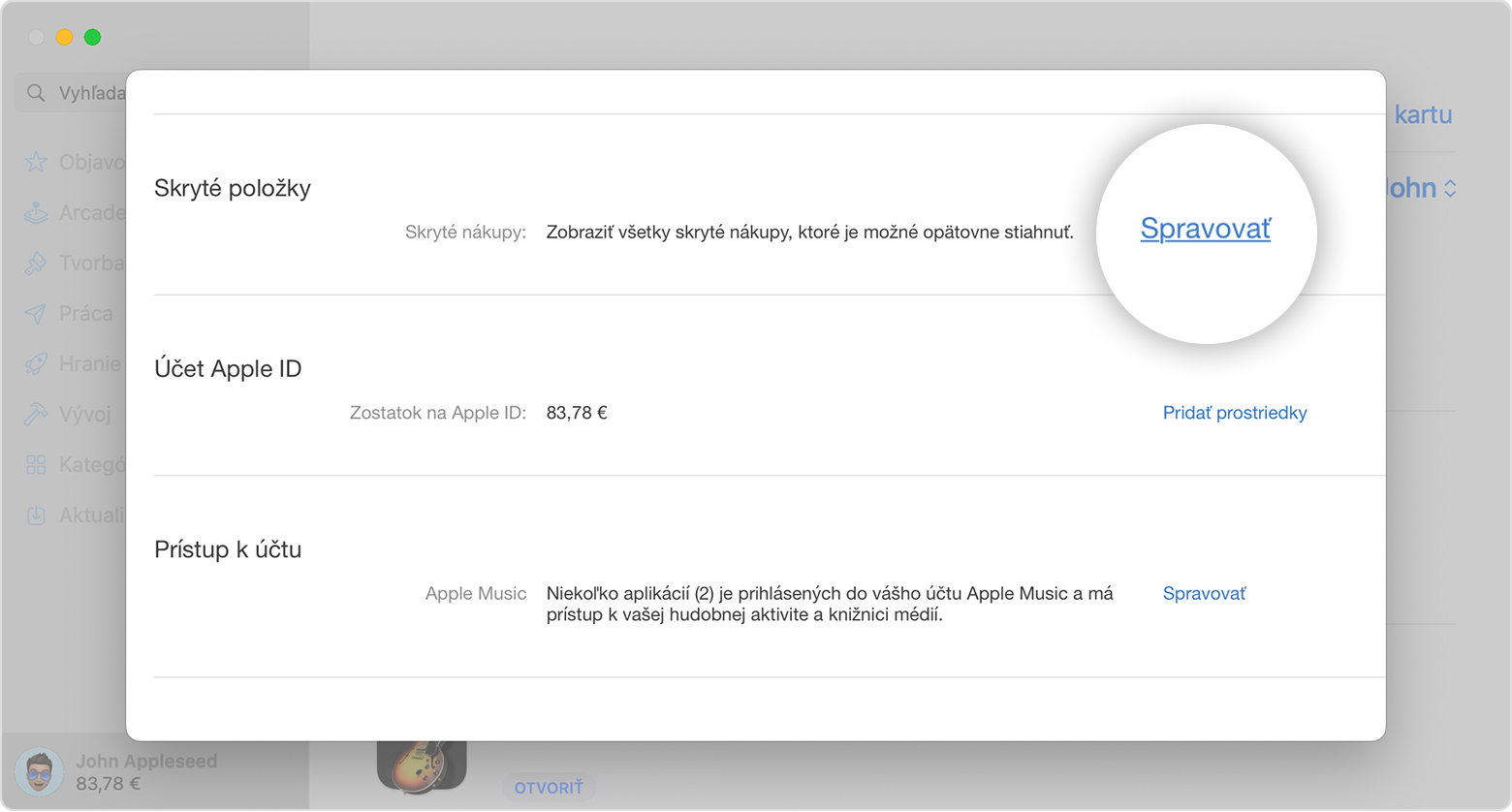 App Store na Macu so zobrazenou časťou Skryté položky na stránke s informáciami o účte. Na obrázku je zvýraznené tlačidlo Spravovať.