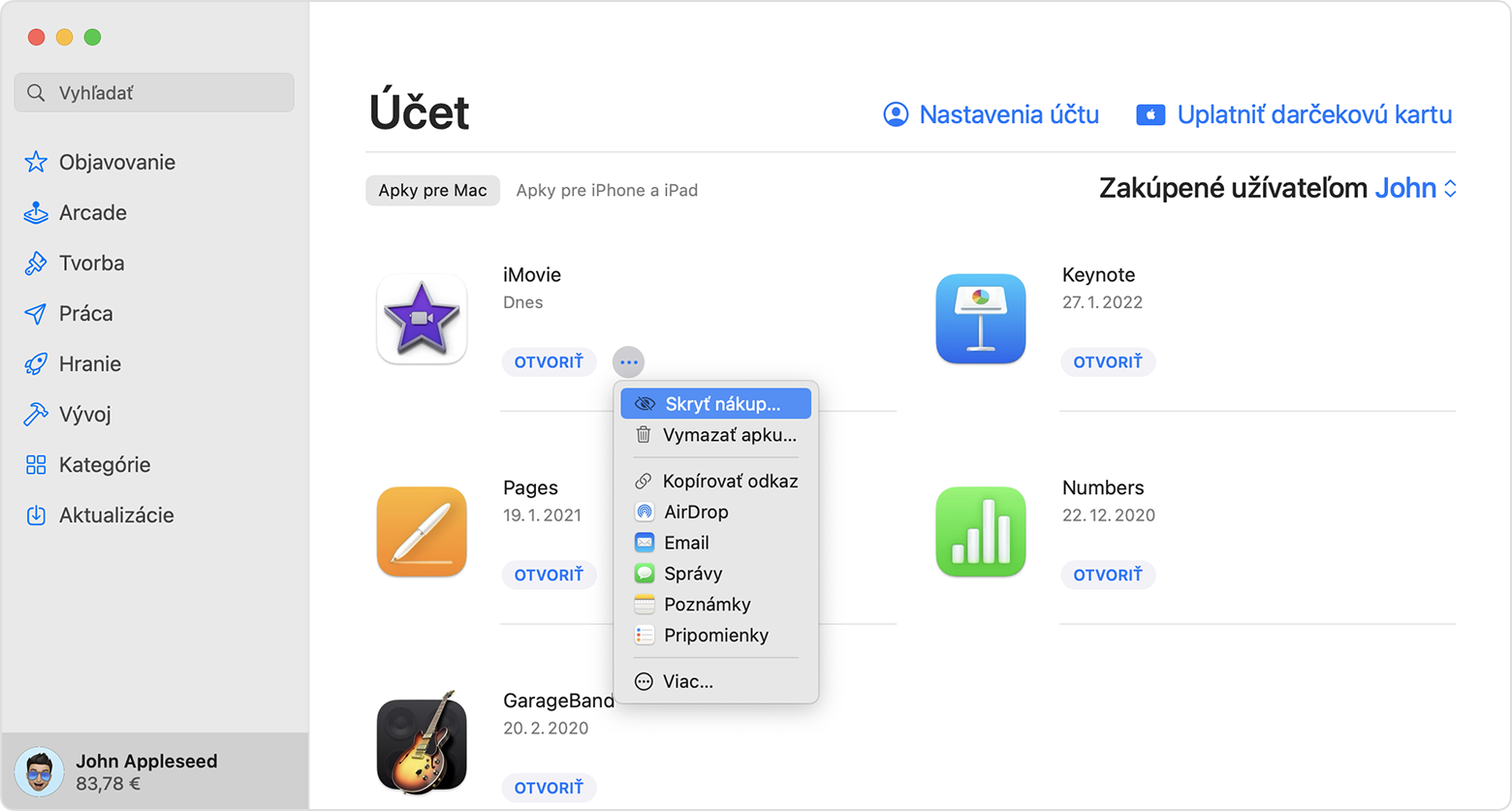 App Store na Macu so zobrazeným menu, ktoré sa zobrazí po stlačení tlačidla Ďalšie možnosti. Vybratá je možnosť Skryť nákup.