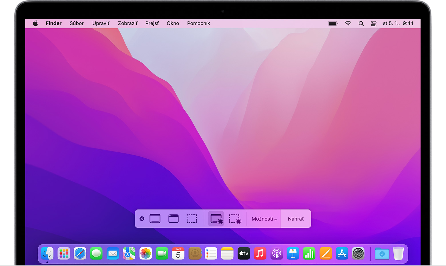 Plocha systému macOS so zobrazeným panelom s nástrojmi na vytváranie snímok obrazovky