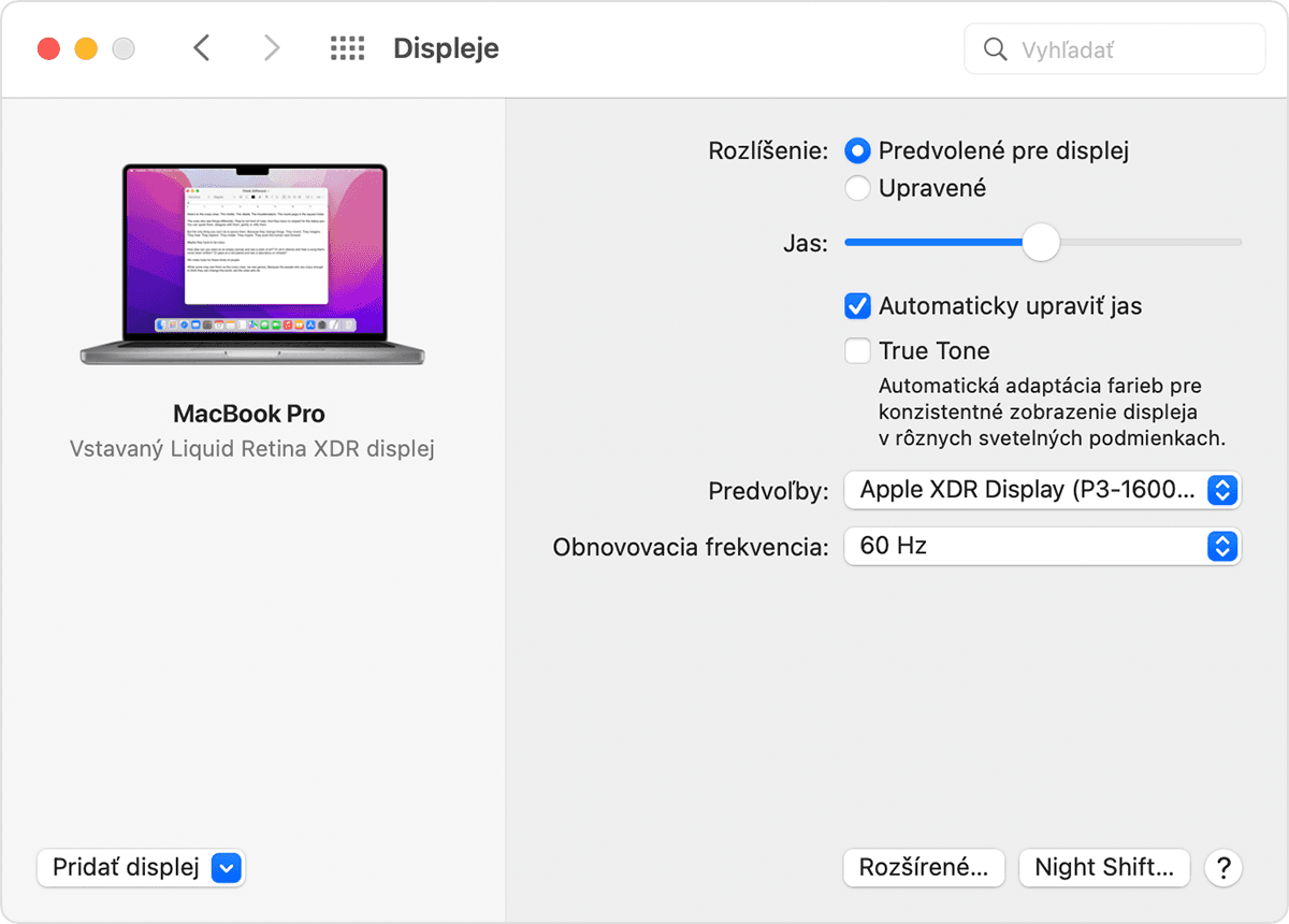 Sekcia Displej v Systémových nastaveniach systému macOS so zapnutou možnosťou True Tone
