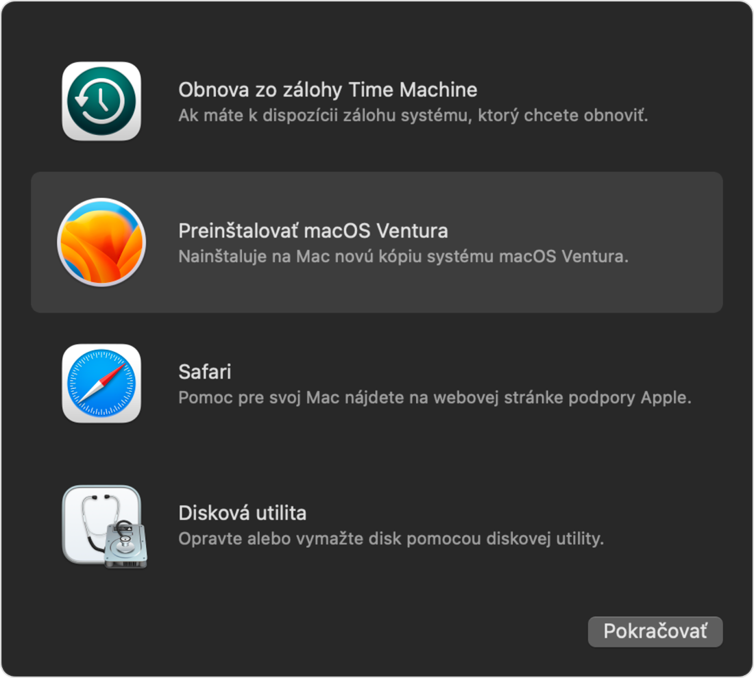 Okno Utility v Obnove macOS
