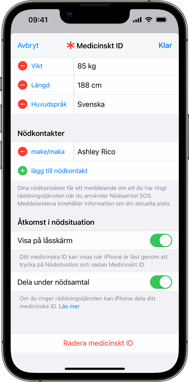En iPhone som visar skärmen för inställningar för medicinskt ID, där du kan lägga till nödkontakter.
