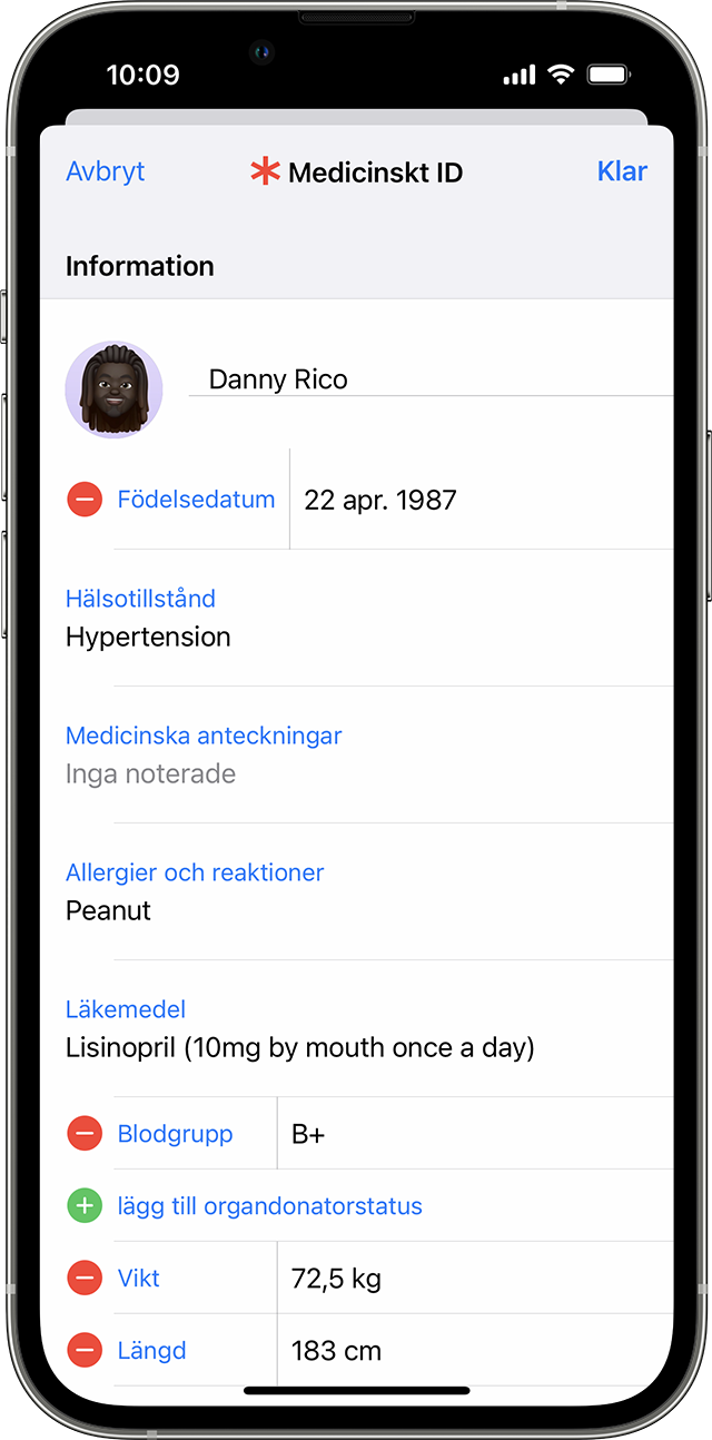 En iPhone-skärm som visar information i Medicinskt ID