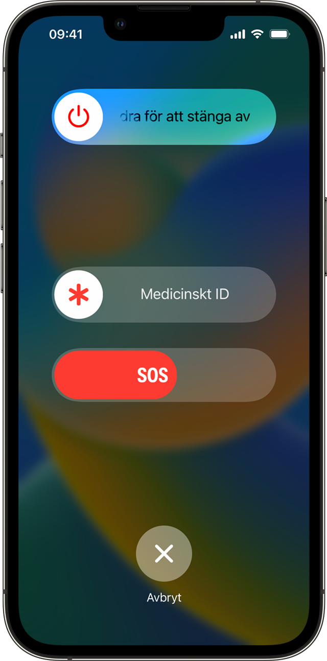 En iPhone som visar avstängningsreglaget, reglaget för medicinskt ID och reglaget för Nödsamtal SOS. Reglaget för Nödsamtal SOS räknar ner.