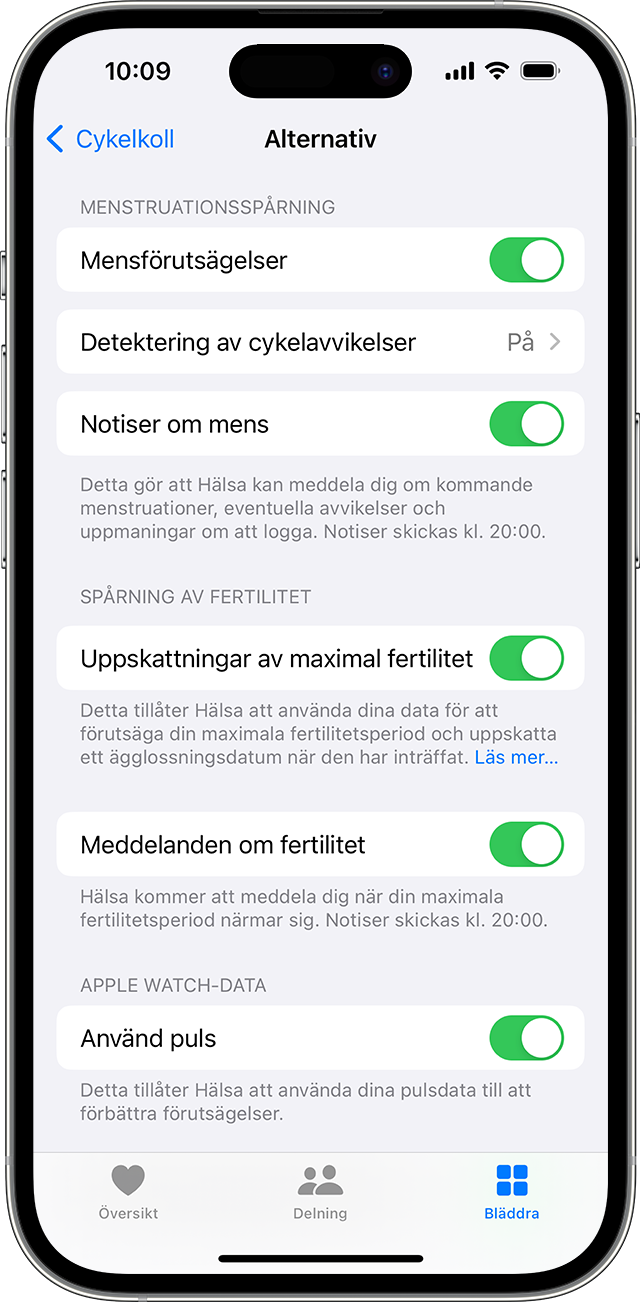 Alternativ för Cykelkoll för notiser för spårning av mens och fertilitet på en iPhone