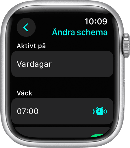En Apple Watch-skärm som visar alternativ för redigering av ett komplett sömnschema