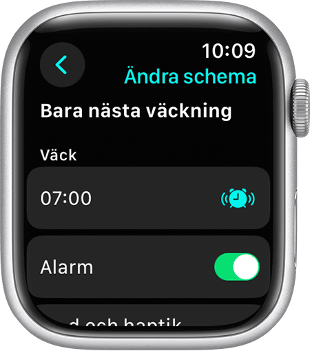 En Apple Watch-skärm som visar alternativen för att redigera Bara nästa väckning